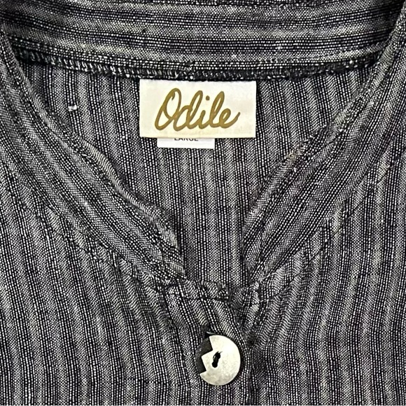 Odile 100% Linen Ribbed Button Front Tunic Top Large Gray Lagenlook Pockets - Picture 6 of 7